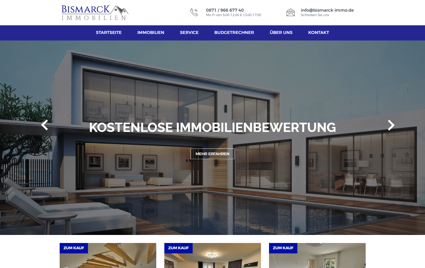 Startseite von Bismarck Immobilien mit Immobilienmotiv und Hinweis auf die kostenlose Immobilienbewertung