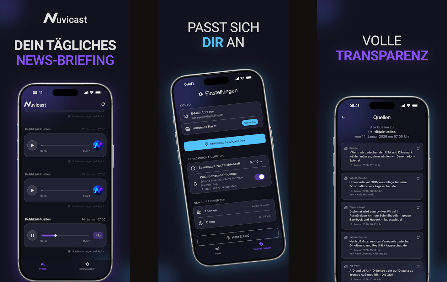 Drei Nuvicast-App-Ansichten mit Audio-Briefings, persönlichen Einstellungen und Nachrichtenquellen